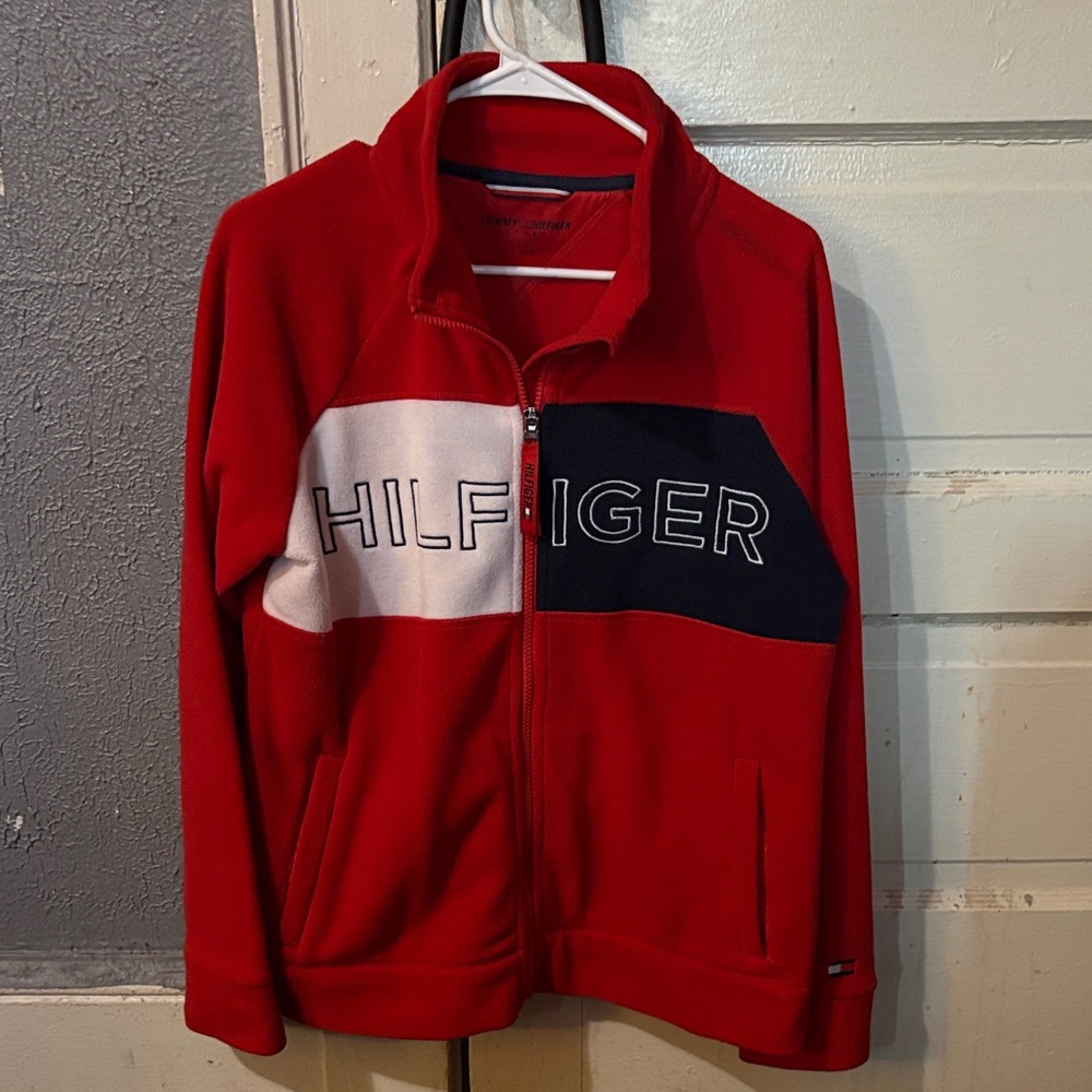 Tommy Hilfiger Red Fleece Jacket with White & Navy Logo Panel
